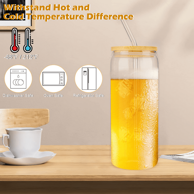 20 OZ Glass Cups with Bamboo Lids and Straws - Beer Can Shaped Drinking  Glasses with Silicone