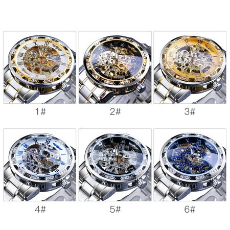 - WINNER Men Automatic Watch Fashion Diamond Display Luminous Hands Gear Movement Retro Mechanical Skeleton Watches Luxury Casual Business Wristwatch