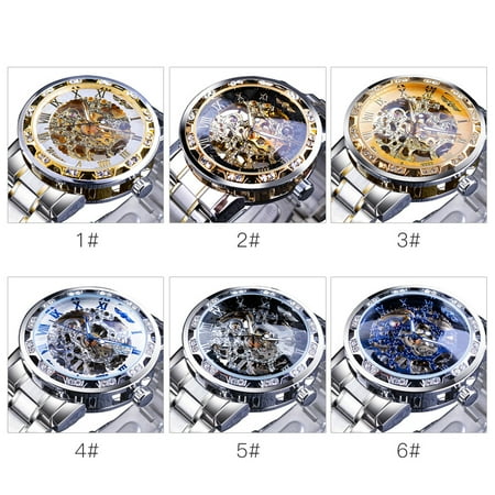 WINNER Men Automatic Watch Fashion Diamond Display Luminous Hands Gear Movement Retro Mechanical Skeleton Watches Luxury Casual Business