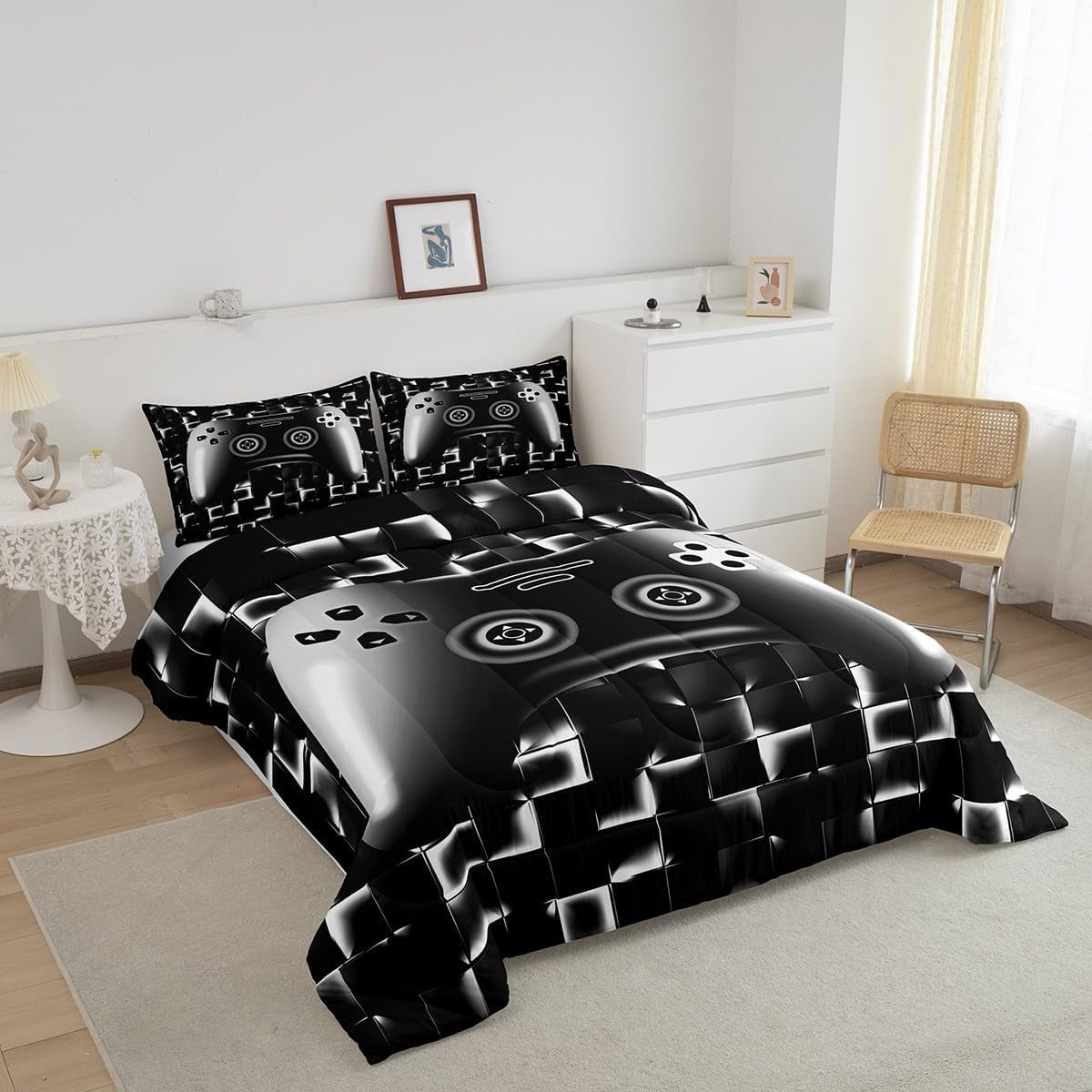 Erosebridal Gaming Comforter Teens Game Bedding Set Gamer Comforter Set For All Season Gamepad Room Decor Duvet Quilt Twin Size,1 Comforter With 1 Pillowcase Neon Black White Grey