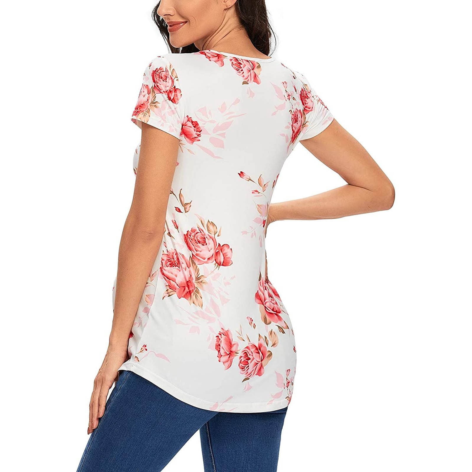 Women's Maternity Tops Tunic T-Shirt Pregnancy Clothes Ladies Fashion Flower Print Short Sleeve Pregnant Woman Casual Clothe Top