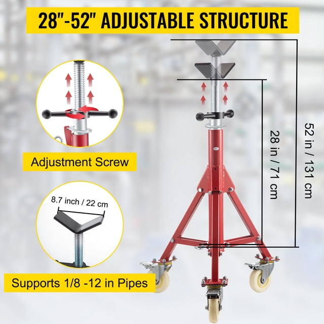Soporte de tubo VEVOR, soporte de gato de tubo, soporte de tubo de cabeza en V de altura ajustable de 28 a 52 pulgadas, soportes de gato de tubo con ruedas 882 LB
