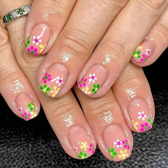 Ballerina Glitter Gradient Press on Nails Long Square Fake Nails with Feather Design Glossy Acrylic Glue on Nails for Women Multicolor Colorful Flower