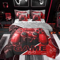 Feelyou Cartoon Game Console Bedding Comforter Set 7 Pieces for Kids, Gamepad Gaming Full Bedding Set, Chic Check Honeycomb Red Reversible Fitted Sheet Flat Sheet, Super Cozy Room Decor