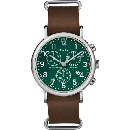 Timex Unisex Weekender Chrono Green Dial Watch, Brown Leather Slip-Thru Strap