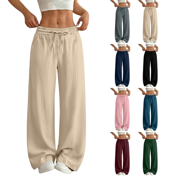 Zedker Women 100% Cotton Pants Wide Leg Casual Palazzo Pants Flowy Beach Summer Trousers Pants with Pockets Beige L