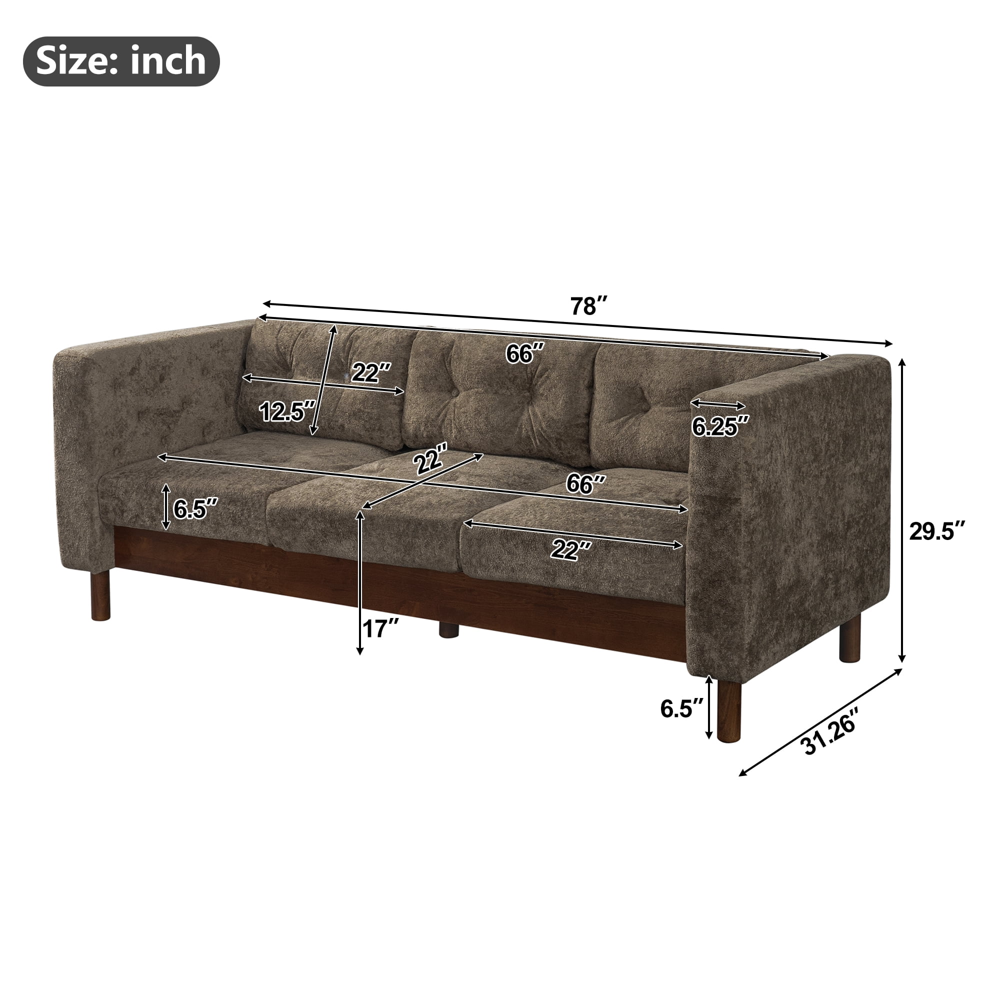 GARITIN 3 Seater Sofa 78 Inch, Chenille Upholstered Couch with Square Arms and Tufted Pillow Back for Living Room Apartment, Brown