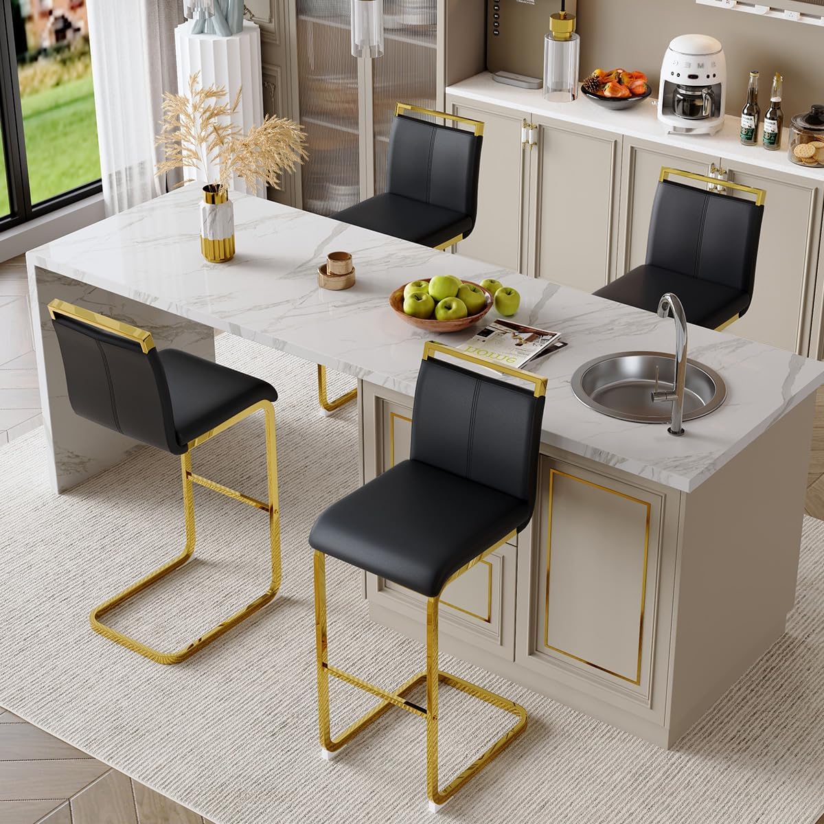 Lecut 30" Counter Height Bar Stools Set of 4, Modern Upholstered PU Leather Bar Stools with Back and Gold Chrome Plated Metal Frame, Armless Bar Chairs for Kitchen Island (Black+Gold)