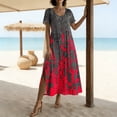 thumbnail image 5 of Pounoo Women's Maxi Dresses V Neck Short Sleeve Dresses Boho Vacation Style Lightweight Breathable Vintage Floral Print Side Slit Loose Fit Dresses Gift, 5 of 7