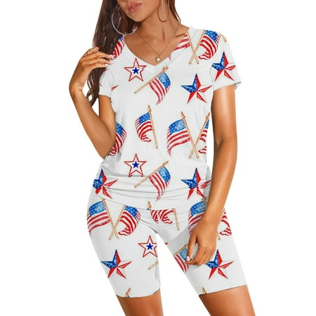 

4Th Of July Shirts Womens Summer Tops Women Independence Day Print Casual Short Sleeve Top Short Pants Pajama Set