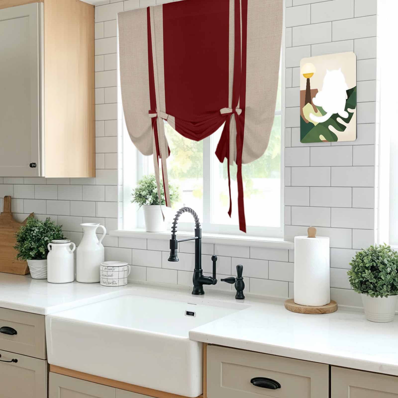 Red Vertical Stripes Tie Up Curtain for Window, Abstract Vintage Linen Texture Minimalist Adjustable Tie Up Balloon Curtain Valances Rod Pocket Window Treatment for Kitchen Bathroom Bedroom 42"x63"
