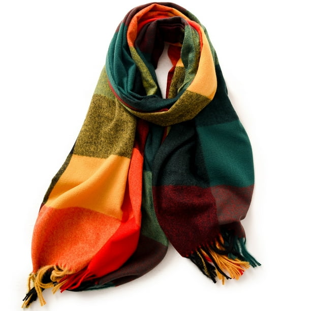 Bufanda grande y gruesa a cuadros para mujer, bufandas coloridas de gran tamaño, suave, grande, lana de Cachemira, manta gruesa cálida para invierno(Los viejos siete colores)(180 * 65cm)
