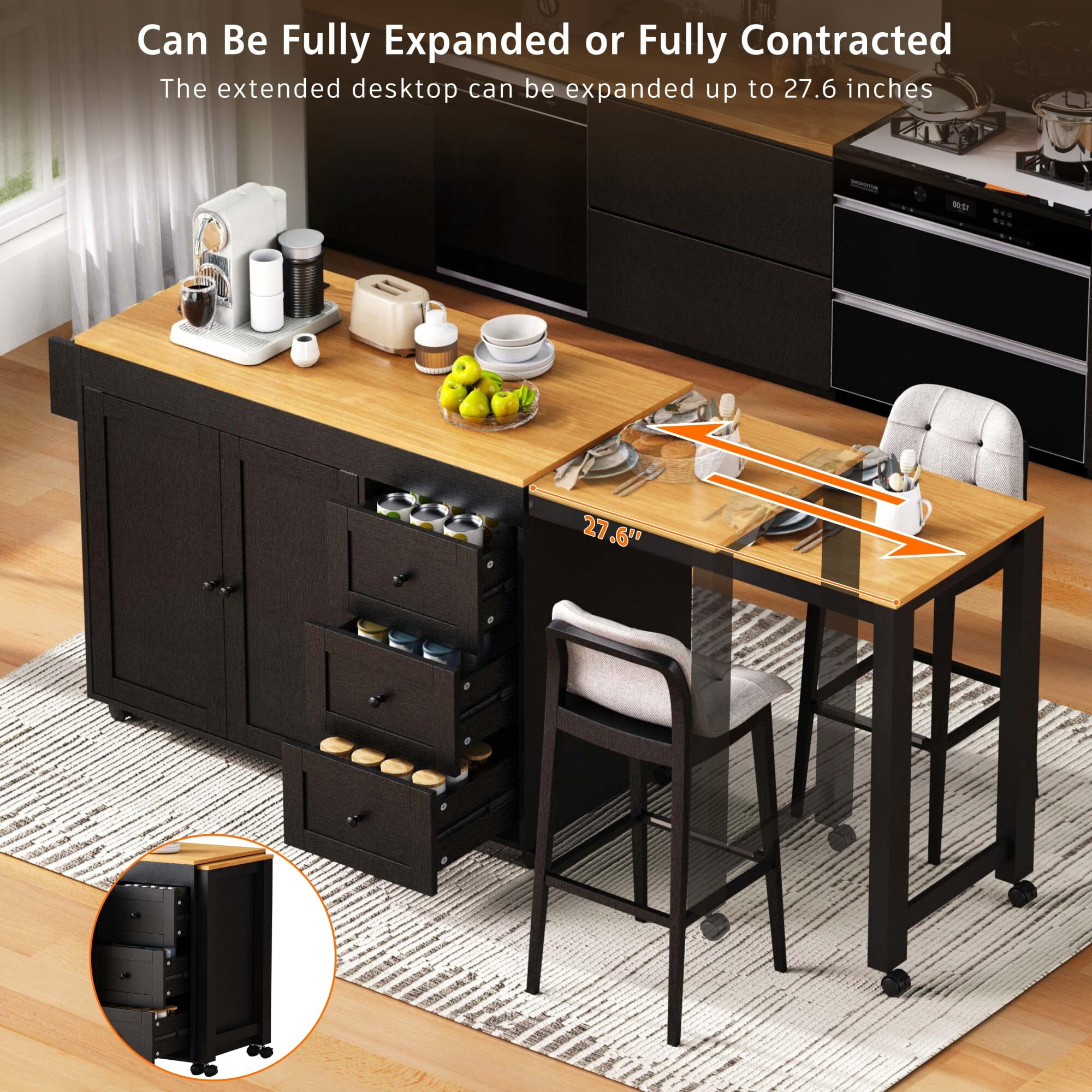 DEALTOPS 74.8" Rolling Kitchen Island Cart with Charging Station and Sliding Extendable Table, Black