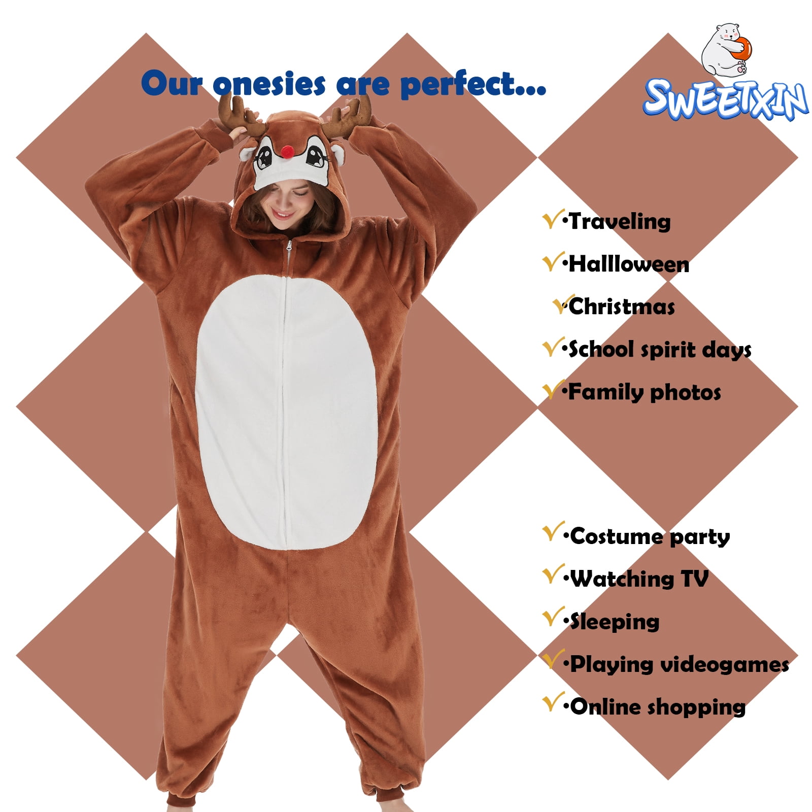 SWEETXIN Adult Christmas Reindeer Unisex Onesie Pajamas Halloween Cosplay Costume Suit for Women and Men SizeXL