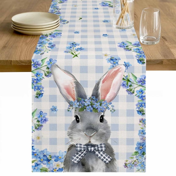 Easter Rabbit Table Runner 48 Inches Long Farmhouse Dress Scarves, Spring Cute Bunny Blue Flowers Buffalo Plaid Dining Tablerunner for Coffee Table/Kitchen Island/Party Décor, 13" x 48"