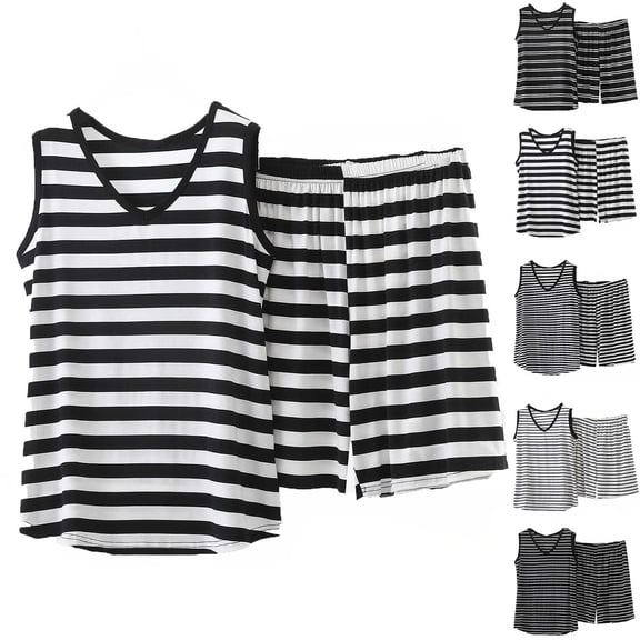 HBGVBA Women's Summer Plus Size Matching Set,2 Piece Casual Outfits,Sleeveless V-Neck Soft Tank Top Shorts Elastic Waist Stripe Active Set