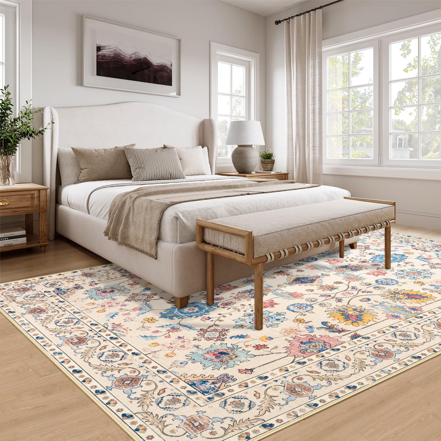 Wondo 4x6 Vintage Bohe Washable Beige Area Rug for Living Room, Bedroom, Dining Room, Office, Nursery Anti-slip Easy Care Carpet, Ultra-thin Stain Resistant Indoor Low Pile Carpet
