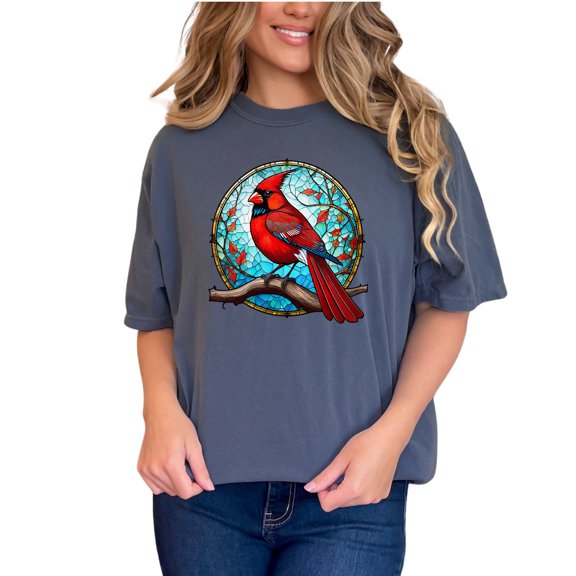 Vibrant Cardinal Stained Glass Art T-Shirt, Unique Bird Design Tee, Colorful Nature Inspired Shirt, Perfect Gift for Bird Lovers, Denim Comfort Colors T-Shirt, Small