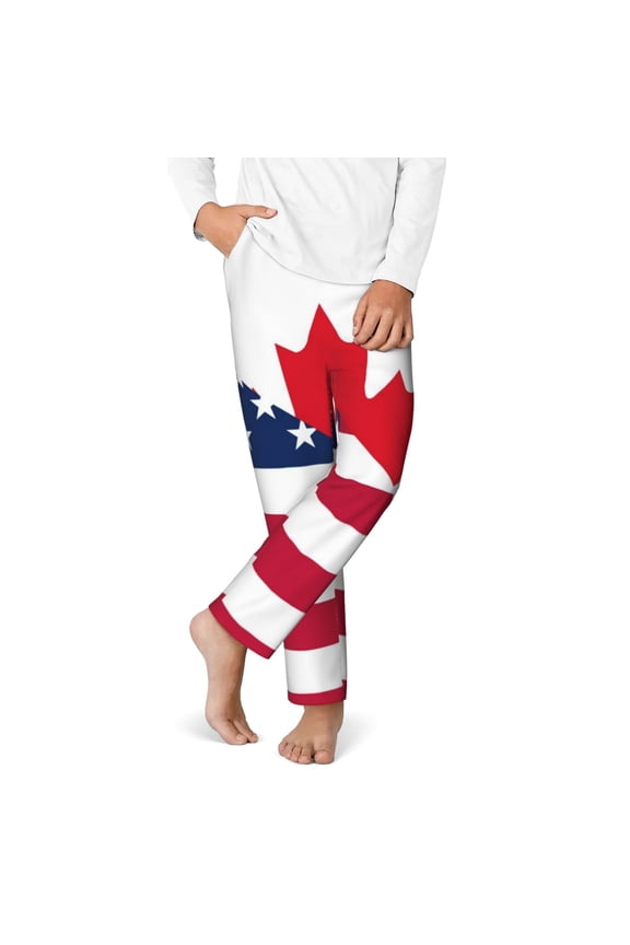 USA Canada Flag Print Youth Home Trousers, Elastic Waistband with Pockets for Home and Outing, Suitable for Children Aged 5-16-XS(5-6)