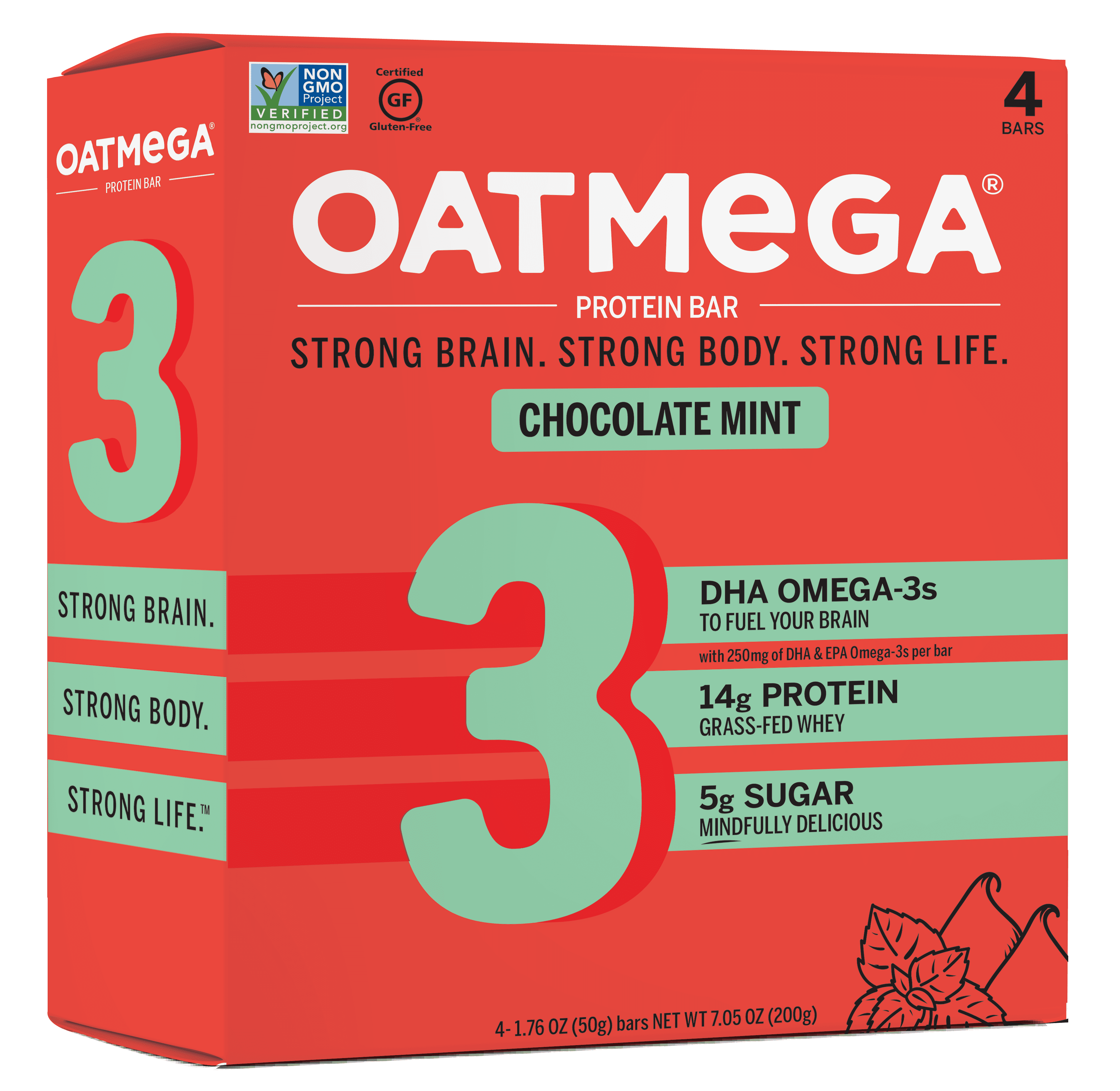 Oatmega Chocolate Mint Protein Bar, 4 Ct, 1.76oz each, 14g Protein, Grass-Fed Whey, Omega 3