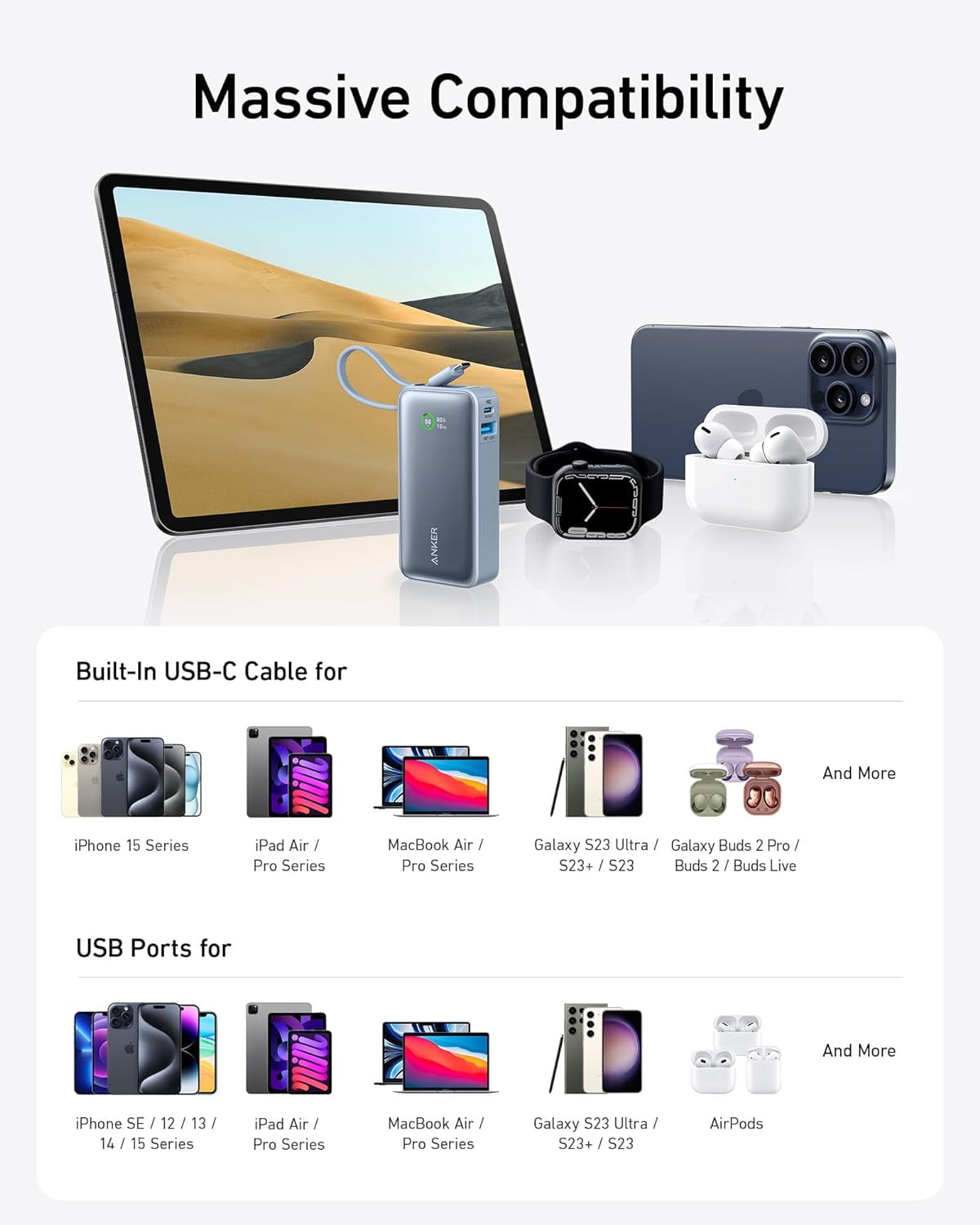 Anker Nano Power Bank, 10K Portable Charger with Built-in USB-C Cable, PD 30W Max Output with 1 USB-C, 1 USB-A, Compatible for iPhone 16/15 Series, MacBook, Galaxy, iPad, and More