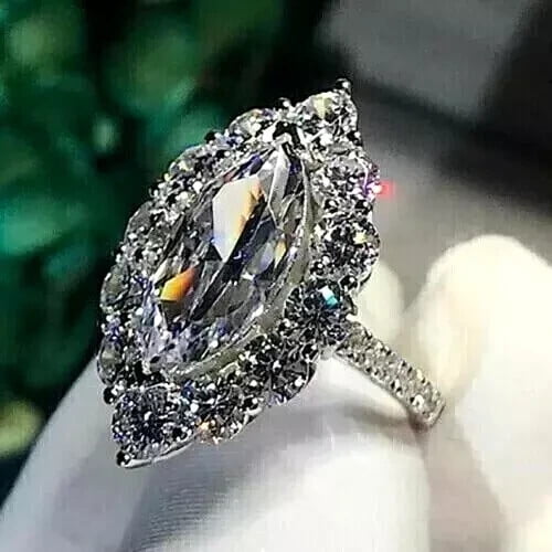 2Ct Marquise Cut Lab Created Diamond 14K White Gold Plated Halo Engagement Ring