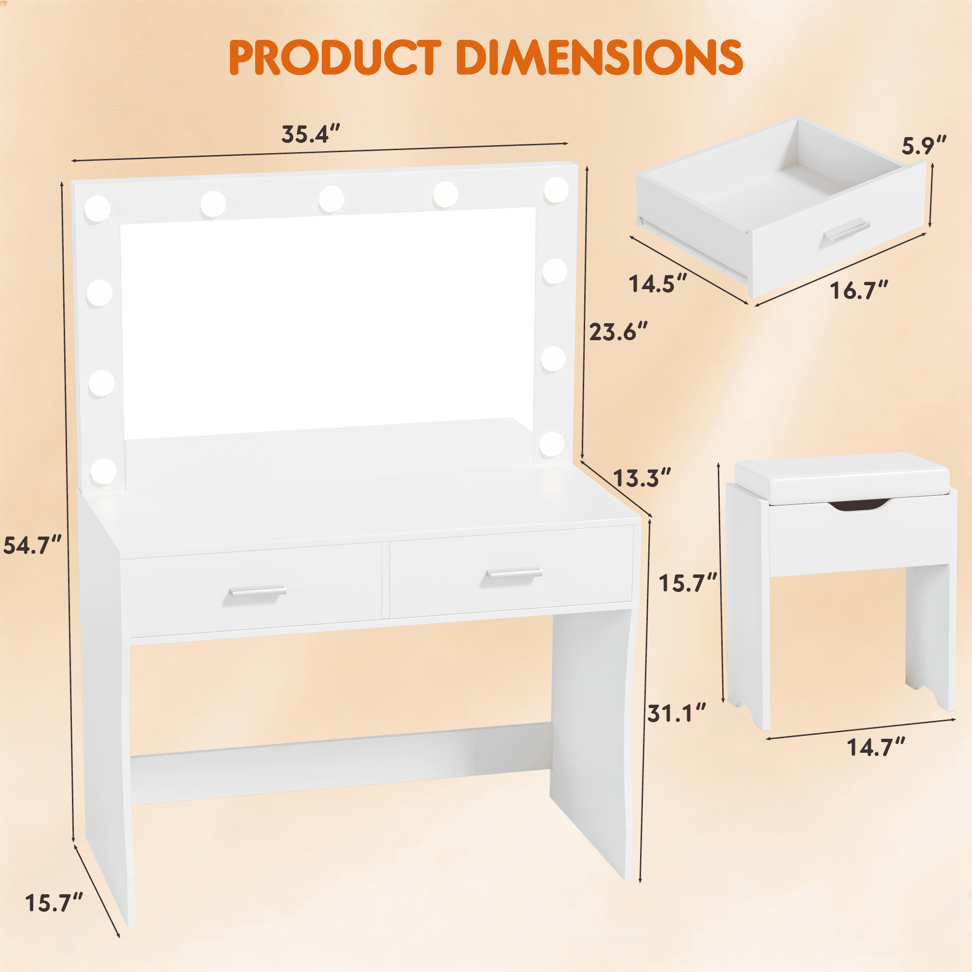 Furmax Makeup Vanity Table Set with Lights and Mirror Vanity Desk with Drawer and Chair, White