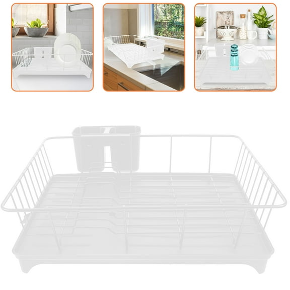UPOUART White Metal Dish Drying Rack with Cutlery Holder, Kitchen Counter Organizer for Plates, Bowls, Cups, and Utensils