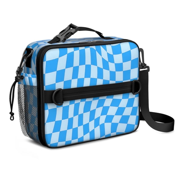Blue Wavy Checkered Pattern Insulated Lunch Bag with Shoulder Strap and Bottle Holder,Bento School Lunch Bag Box,11x9.5x3.5 Inches
