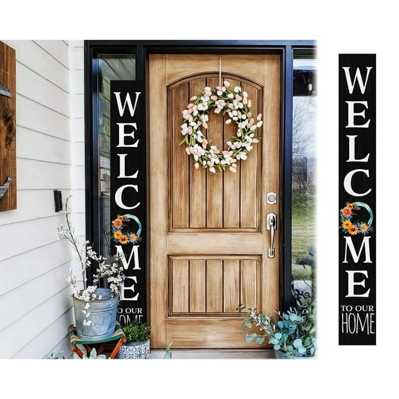 TX USA 72In Welcome To Our Home With Watercolor Color Wreath Foldable Black Welcome Sign For Front Door Porch Decor