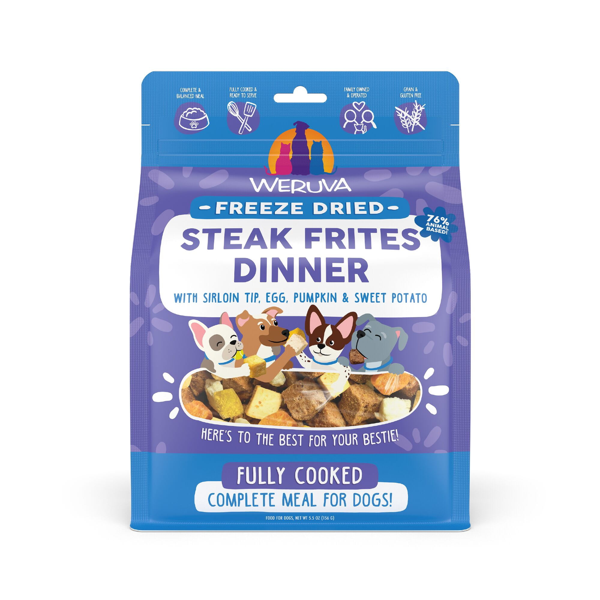 Weruva Freeze Dried Steak Frites Dinner with Gently Cooked Beef Sirloin Tip, Egg, Pumpkin & Sweet Potato Dog Food, 5.5 oz.