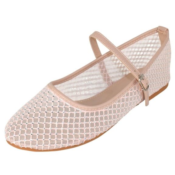TOP MODA Dress Shoes Women Rhinestone Mesh Ballet Flats Round Toe Sparkly Mary Jane Strap Lightweight Breathable ROSARIO-1 Beige Nude Rose Gold 7