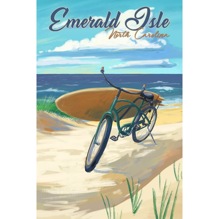 Emerald Isle North Carolina Beach Cruiser and Surfboard 12x18