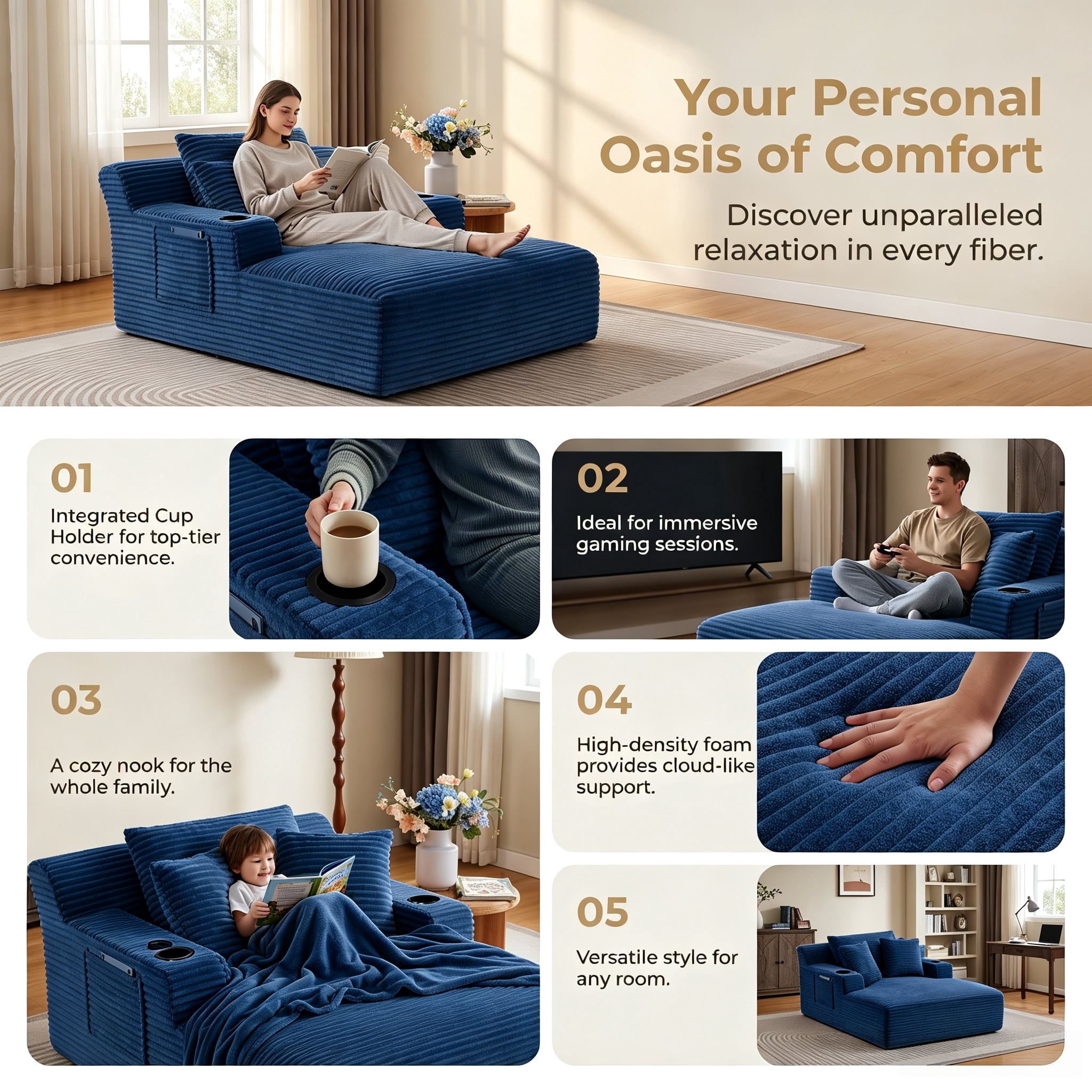 ShiKeyi 66'' Chaise Lounge Chair Indoor, Boneless Sofa Cloud, Plush Corduroy Chaise Couch with Cup Holders, Side Storage Pocket & Pillows, No Assembly Required, Blue