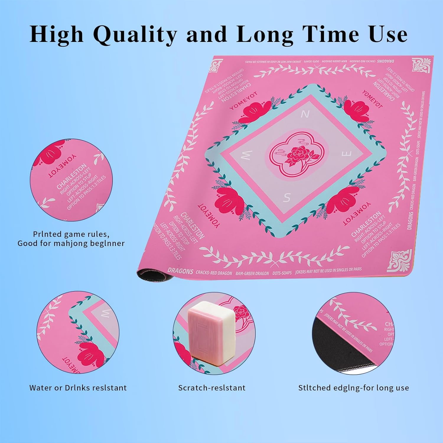 Pink Mahjong Mat 31.5"x31.5" American Mahjong Mat for Table with Printed Rules and Carry Bag Non-Slip Noise-Reducing Mahjong Table Mat Gift for Women (Pink)