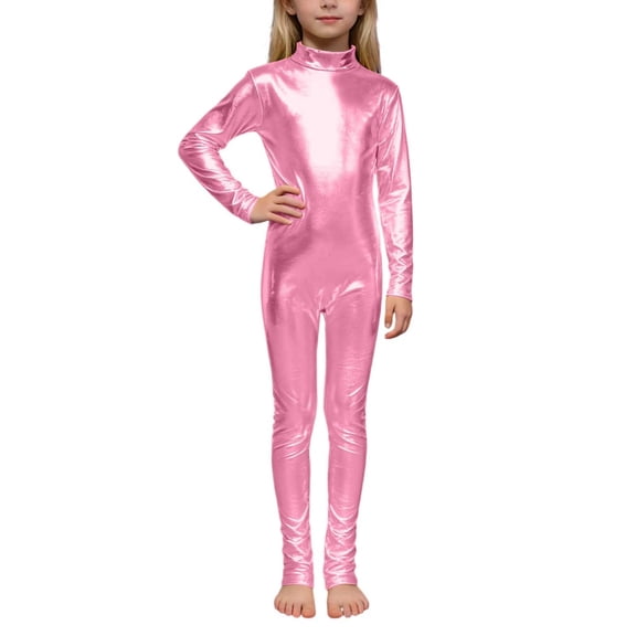 Ticikt Girls Shiny Metallic Neck Unitard Long Sleeve Zipper Back One Piece Bodysuit