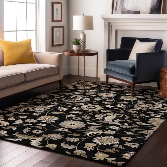 Addison Rugs Mayfield Premium Machine Washable Transitional Floral Black Rectangle Rug, 10' x 14'