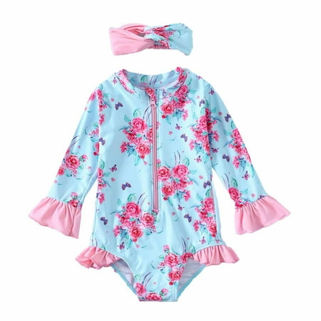 

Herrnalise One Piece Swimsuit for Girls Toddler Rash Guard Baby Long-Sleeved Flower Print Ruffle Trim with Hair Band Swimwear Suit 6 Months-4 Years Sky Blue
