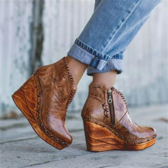 Short Boots Female Side Zipper Wedges Mid-heel Ladies Boots