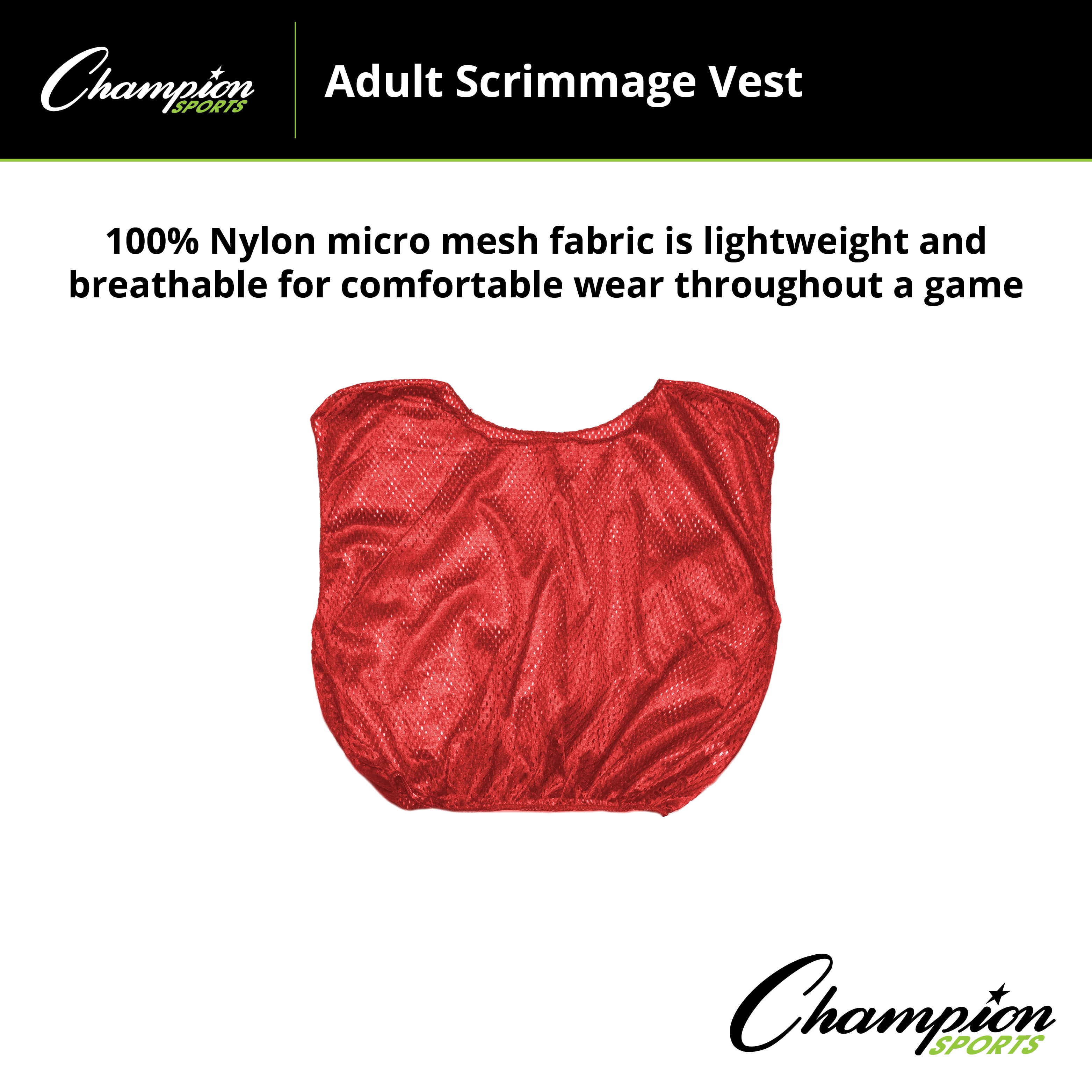 Champion Sports Mesh Practice Scrimmage Vest Regular and Numbered (Youth and Adult) - Pack of 12, Red, Adult Regular
