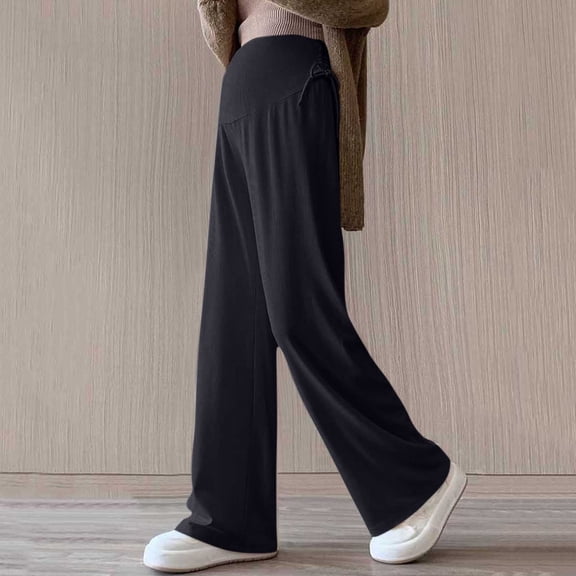qelini Maternity Pants for Women Elastic Waist Belly Support Pants Solid Color Stretchy Full Length Yoga Pants