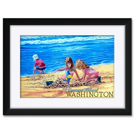 Kids in Sand Camano Island Washington Framed & Matted Art Print by David Linton. Print Size: 12
