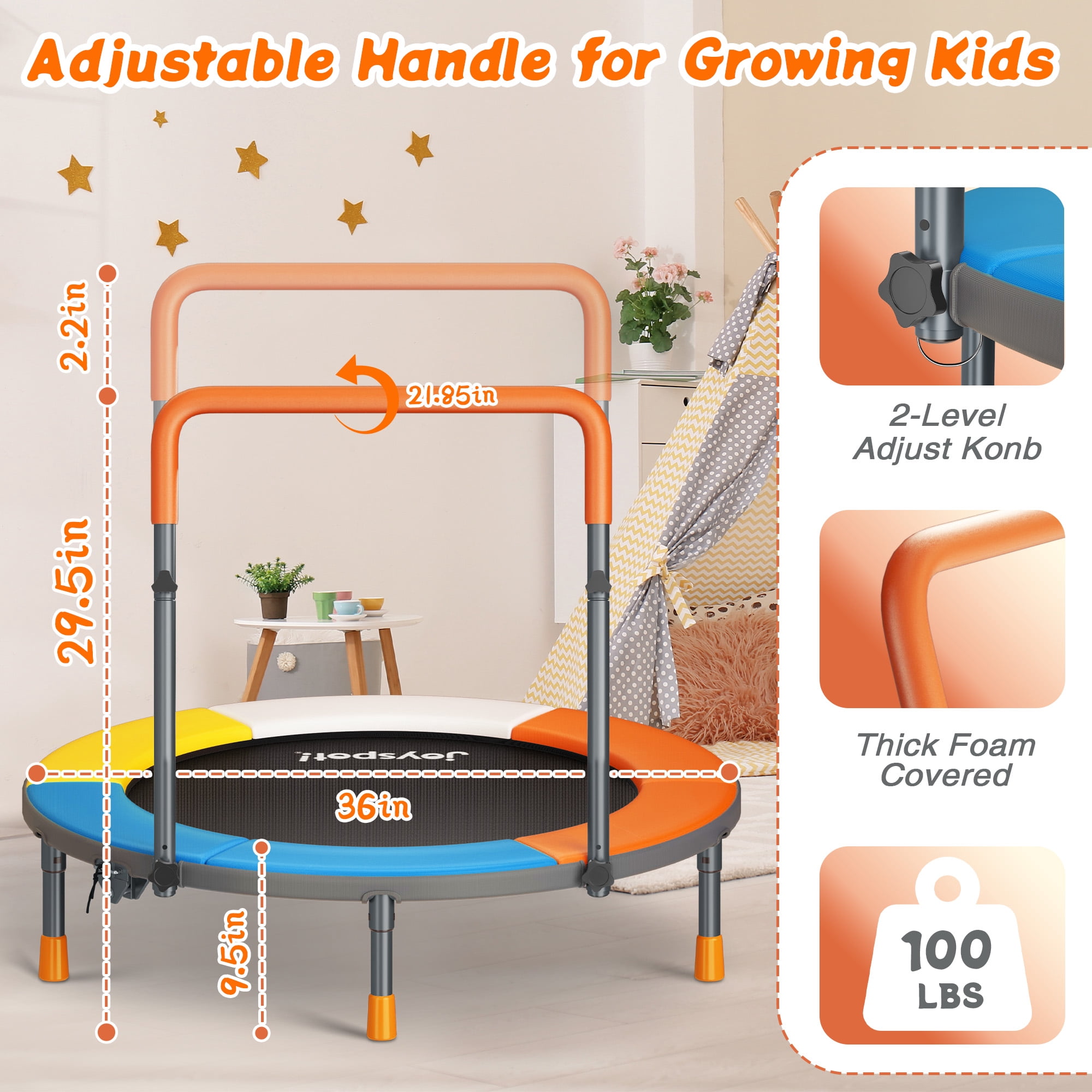 3FT Foldable Trampoline for Kids Ages 1-6 Indoor Outdoor Fun, 36” Mini Small Trampoline with Foam Handle, Safety Padded Cover, Height-Adjustable, Max Load 100LBS, Perfect Toddler Baby Jumping Mat