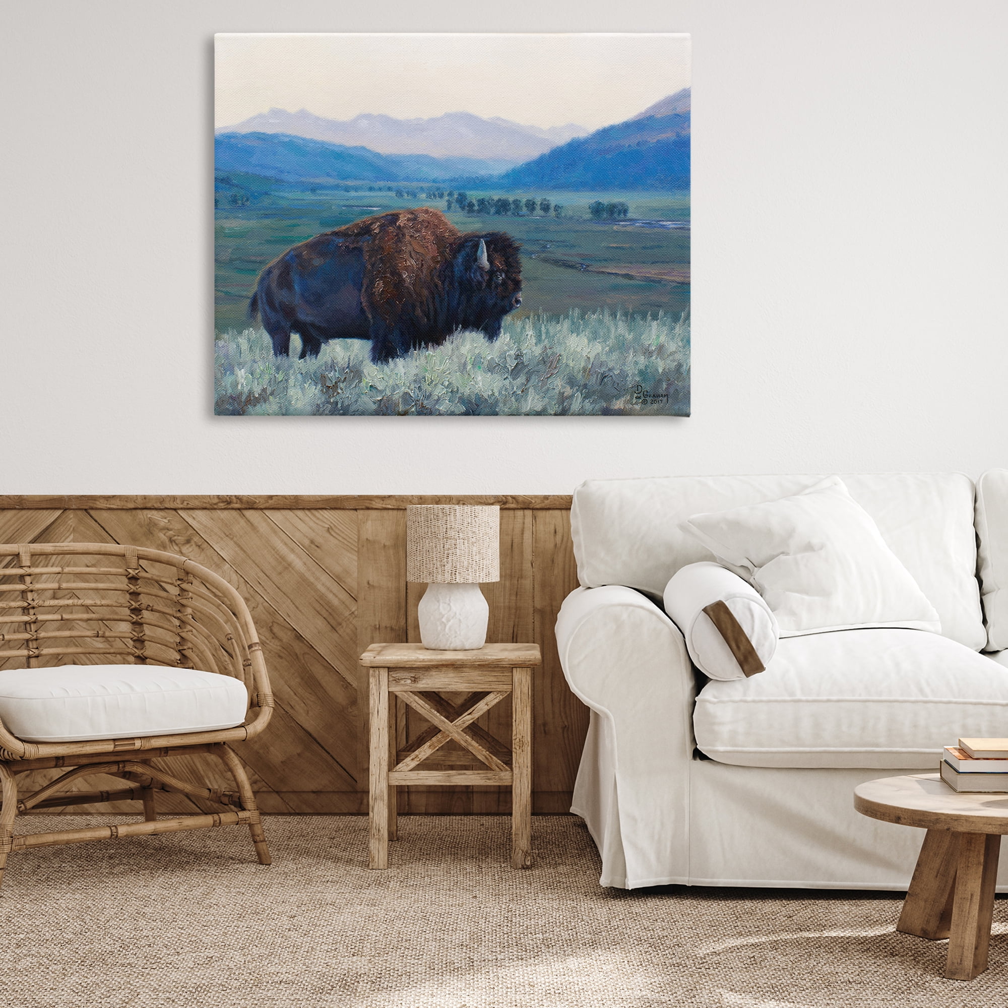 Stupell Industries Bison & Country Mountains Animals & Insects Painting Gallery Wrapped Canvas Art Print Wall Art, 48 x 36