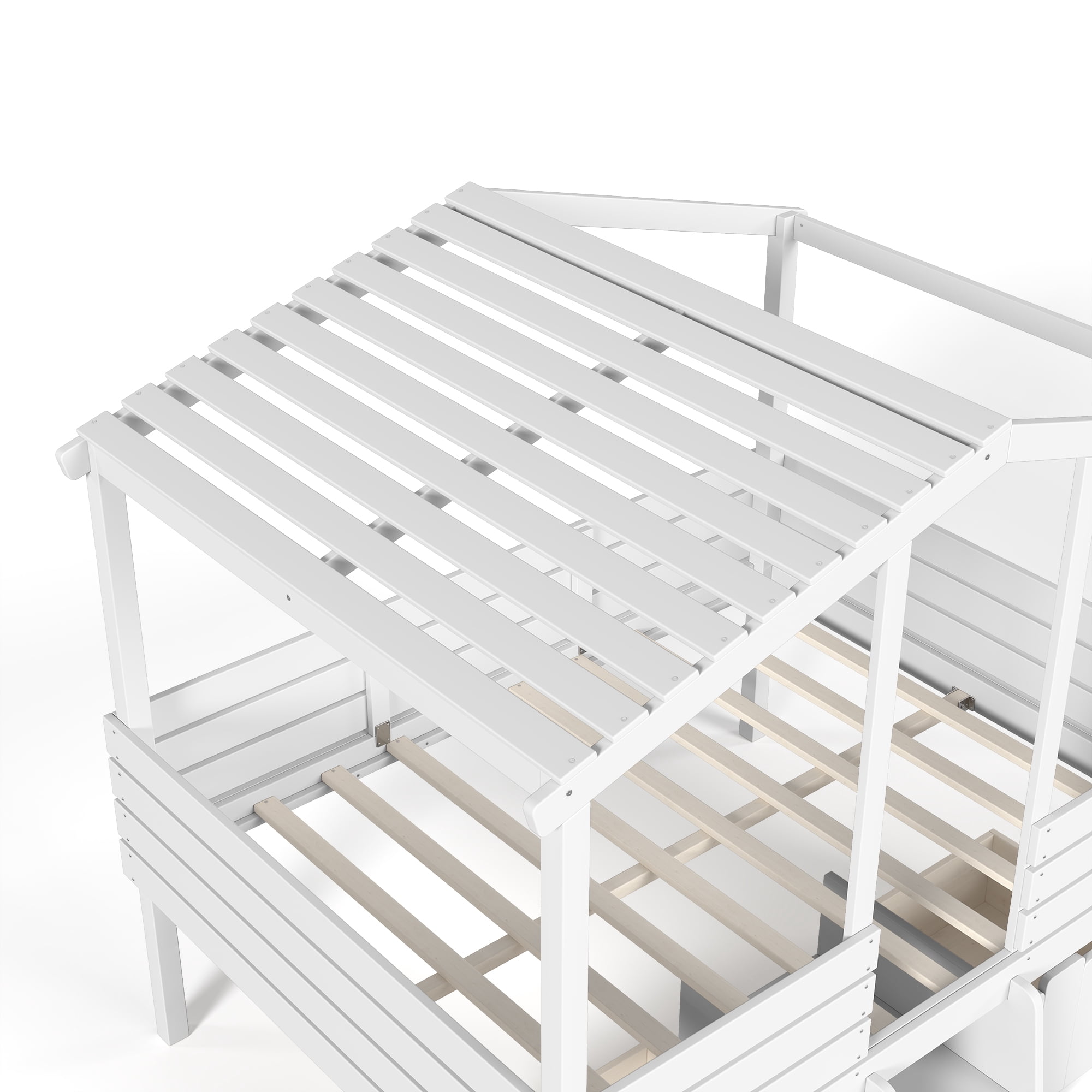 HOQBN House Loft Bed Full Size,Low Loft Bed with Stairs and 2 Big Storage Drawers,Farmhouse Style Bed Frame with House Shaped Roof,White