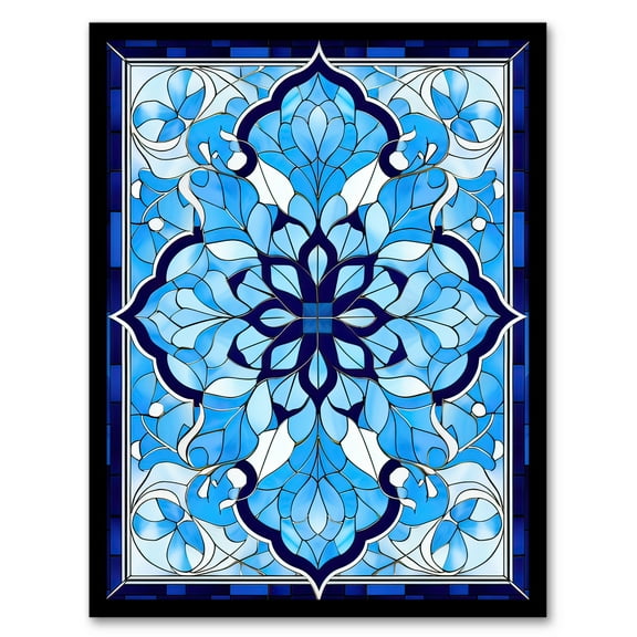 Islamic Vegetal Pattern Blue and White Stained Glass Inspired Geometric Floral Design Art Print Framed Poster Wall Decor 12x16 inch
