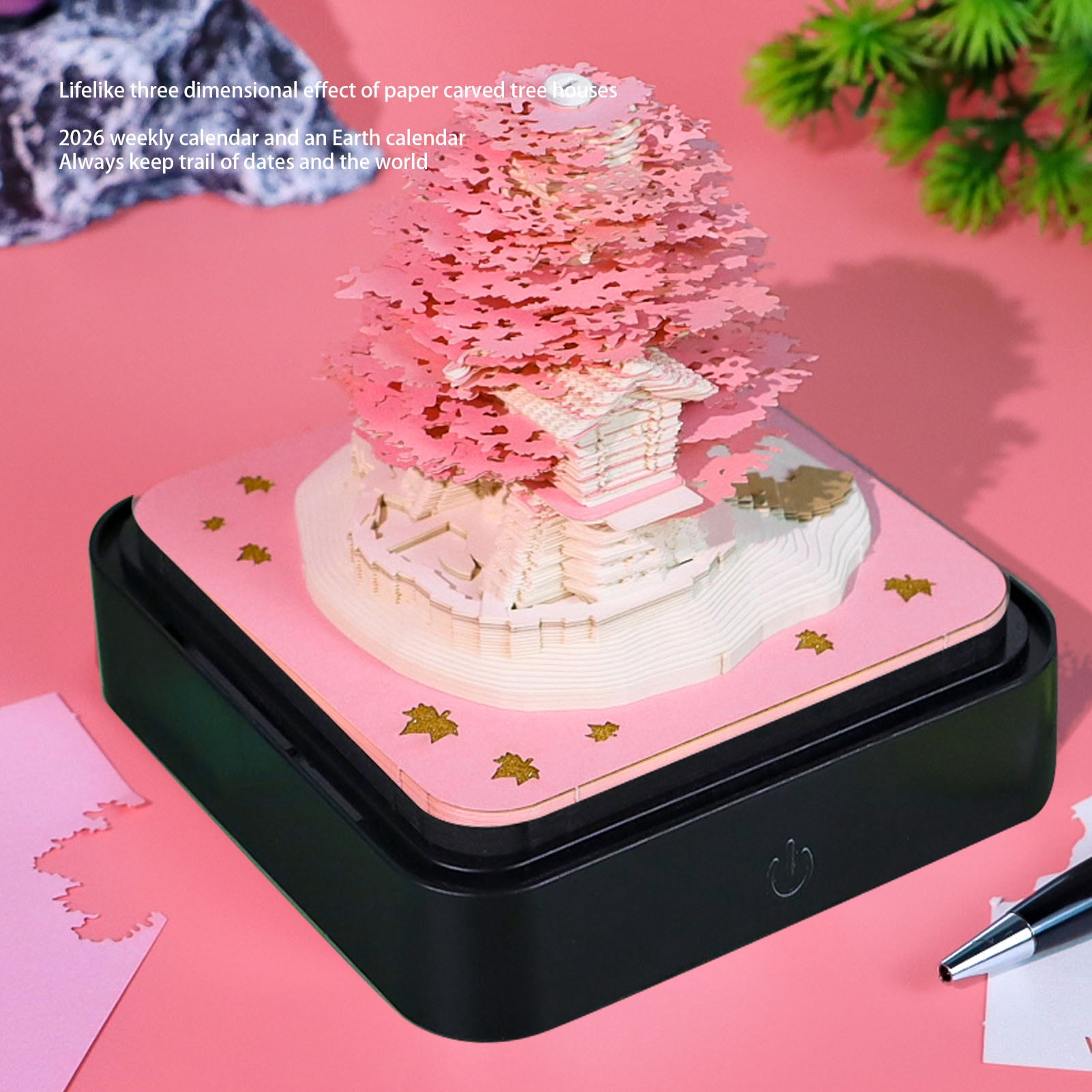 YAHHU 3D Memo Pad Tree House 2026 Desk Calendar Paper Sculpture Notepad Creative Notes for School Office Home Pink Decor Beautiful Desk Accessory 4.33 inches / 11 cm