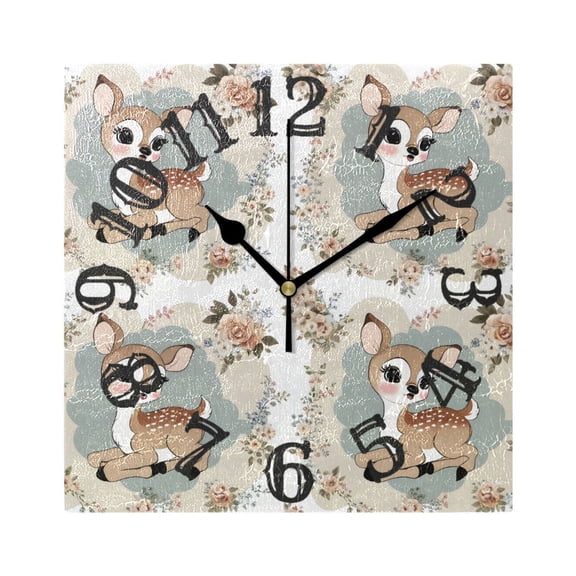 Deers with Flowers Wall Clock Square Silent Non Ticking Battery Operated Clock for Home Bathroom Kitchen Bedroom Living Room