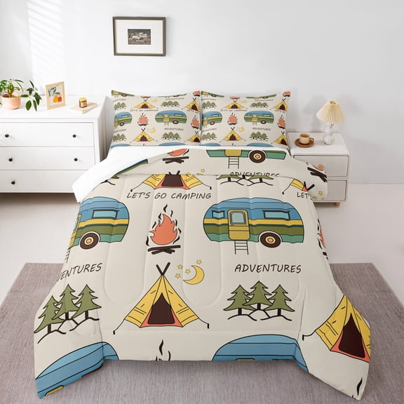 Manfei Happy Camping Bedding Comforter Set,Colorful Camper Rv Twin Comforter Sets,Outdoor Adventure Bedding Set For Kids,Breathable Home Decor,2pcs