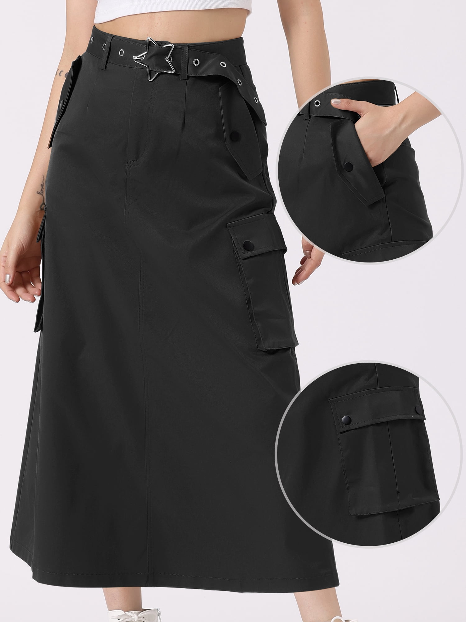 DARING DIVA Women's Stylish Versatile Y2K Cargo Long Skirt Vintage Streetwear M Black